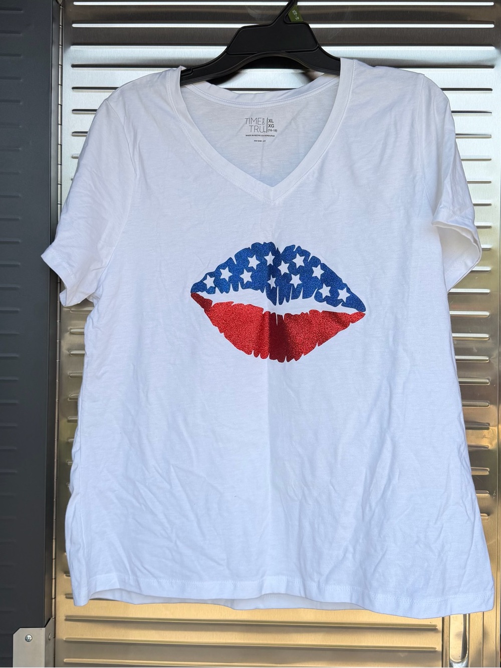 Time and Tru White V-Neck Tee with Red & Blue Star Lip Graphic
